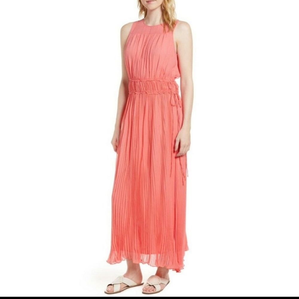 Lewit coral pleated crinkle silk maxi sleeveless sundress. Size 6